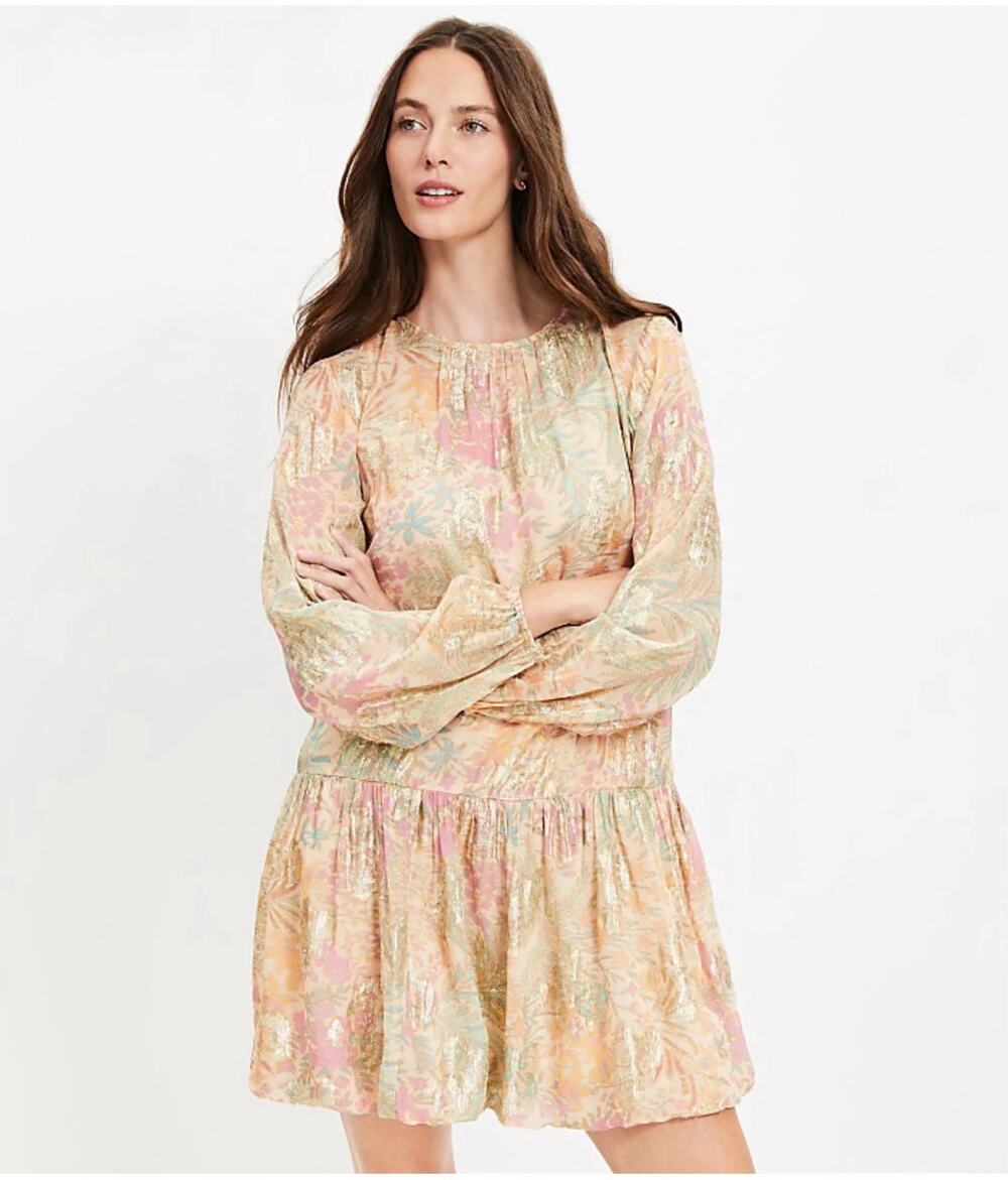 NWT LOFT Pink Green Gold Shimmer Floral Jacuqrd Bubble Hem Mini Dress Petite S